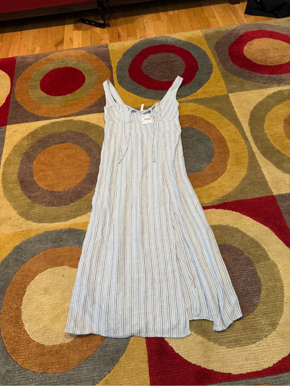 NWT American Eagle Corset Style Midi Linen Dress with Slit Light Blue Stripes S
